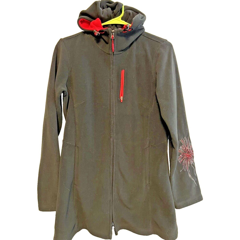 Athleta Women's size xs Swara Fleece Hooded jacket Embroidered Black red floral